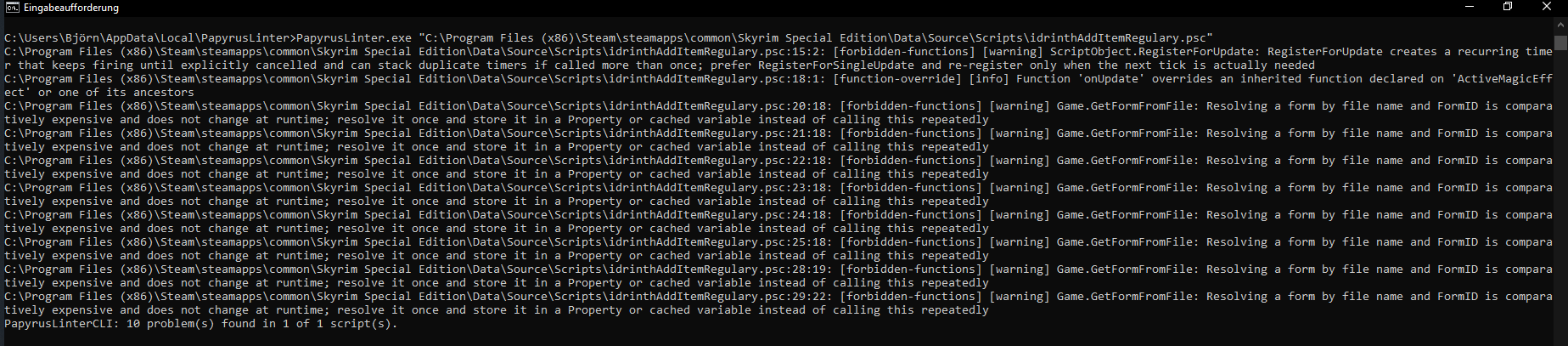 Papyrus Lint's command-line interface output