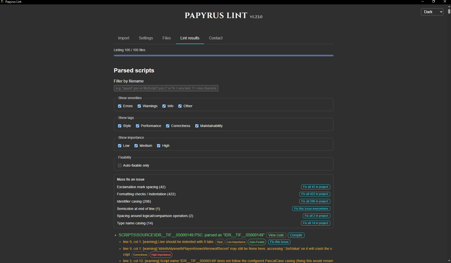 Papyrus Lint's mass fix view for automatically repairing many findings at once