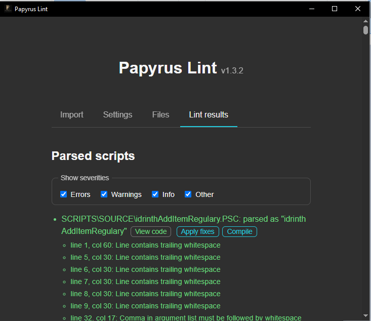 Papyrus Lint's lint results list