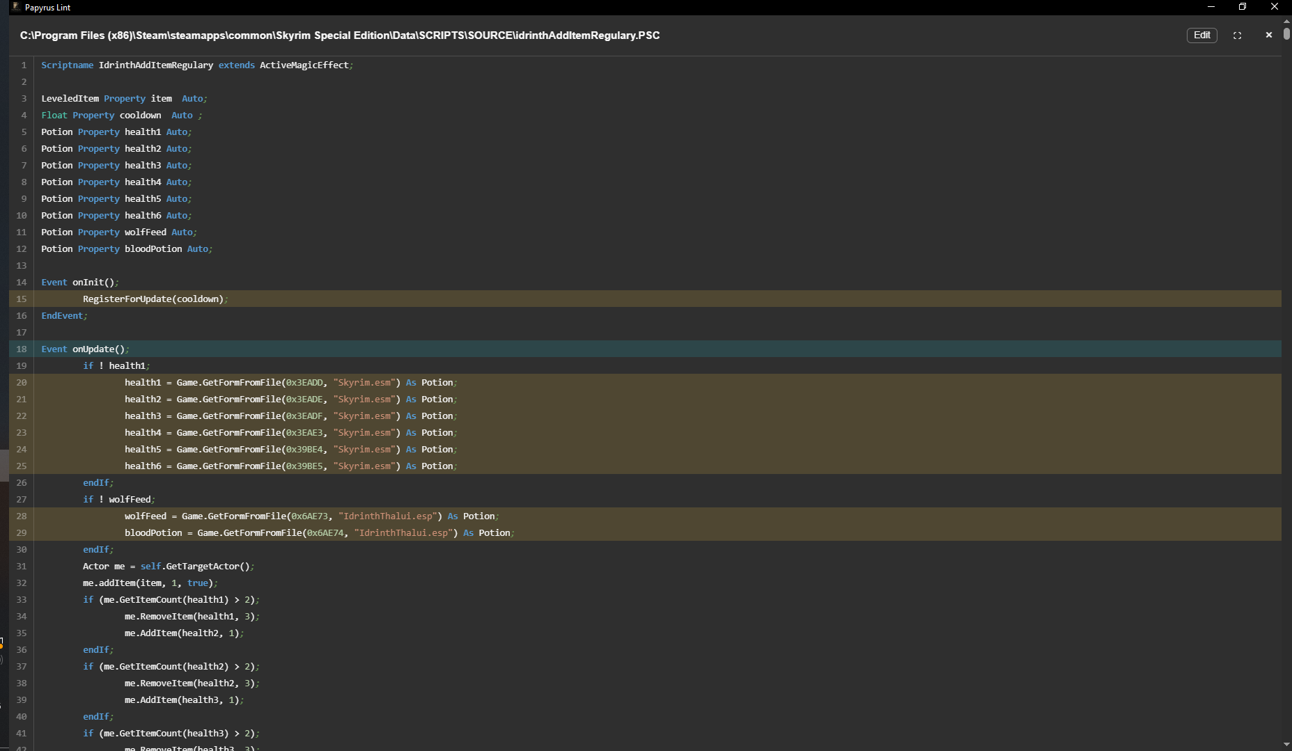 Papyrus Lint's code viewer with syntax highlighting