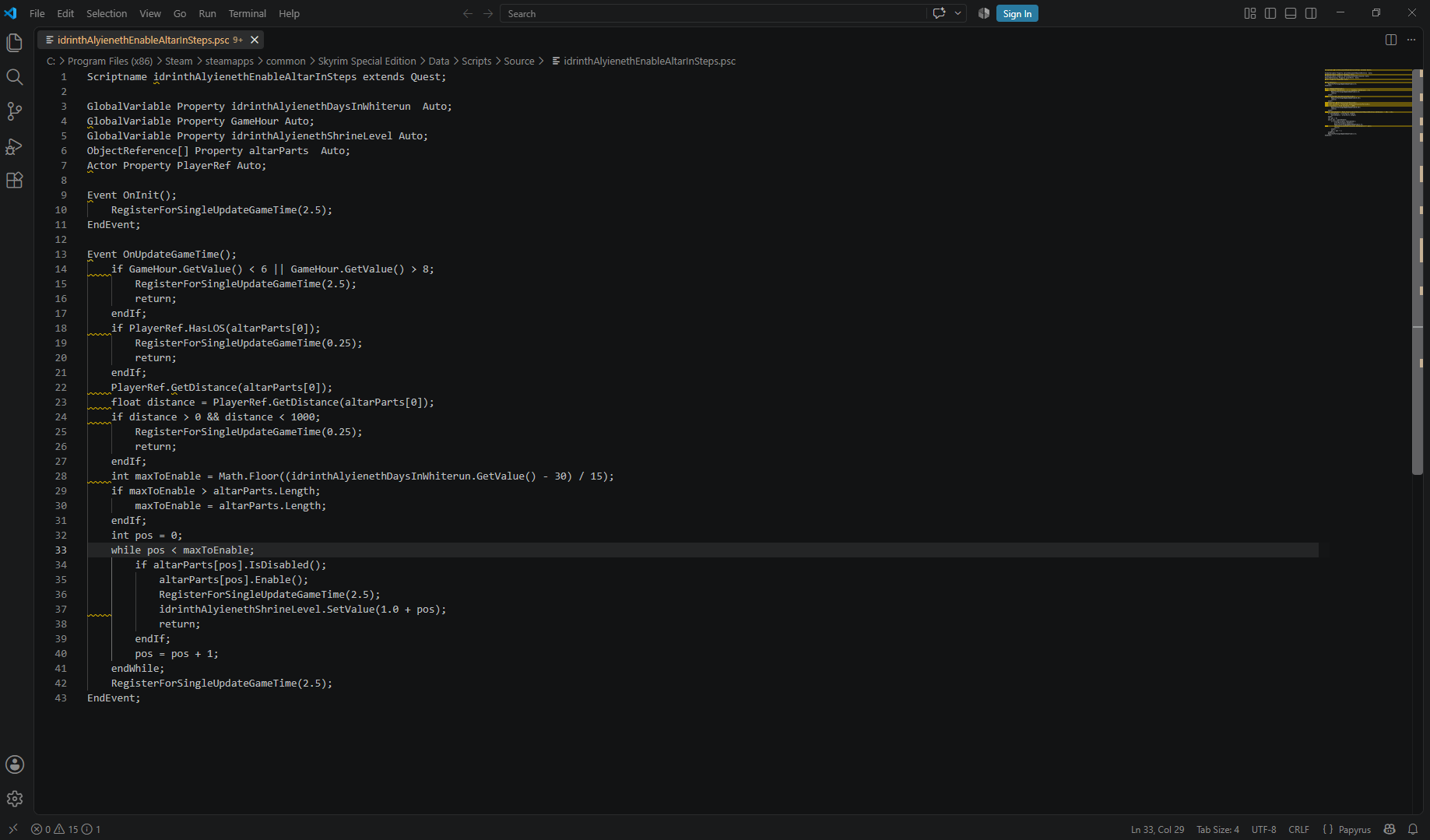 Papyrus Lint's VS Code extension showing inline diagnostics